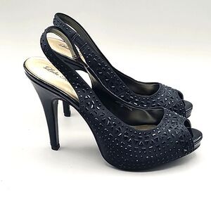 Lulu Townsend Black Satin Beaded Platform Heels with Peep Toe, Size 10